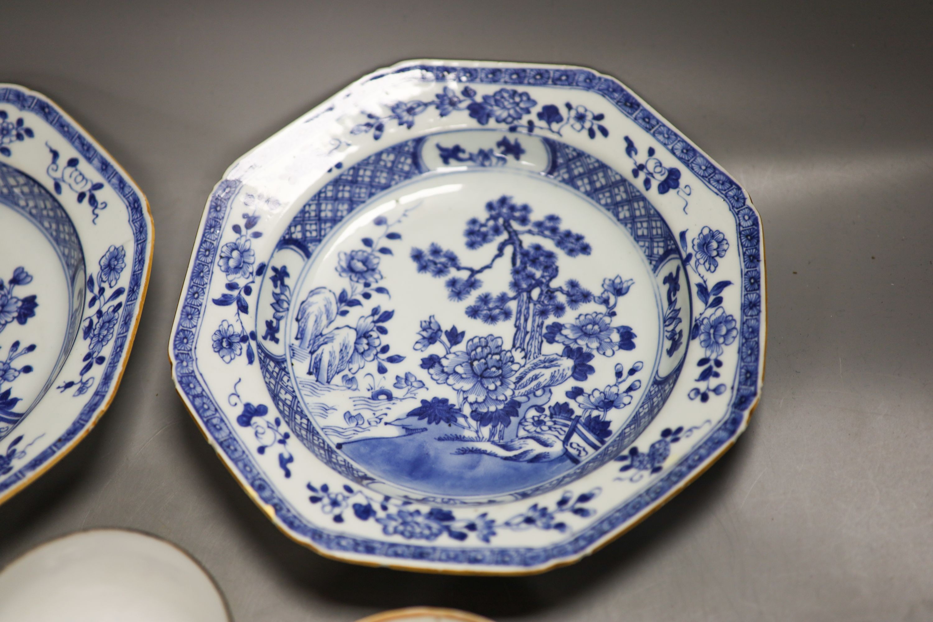 A pair of 18th century Chinese blue and white plates etc